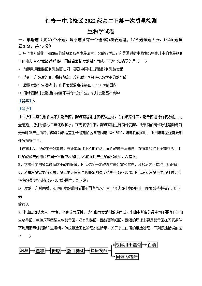 四川省仁寿第一中学校（北校区）2023-2024学年高二下学期3月月考生物试题（解析版）第1页