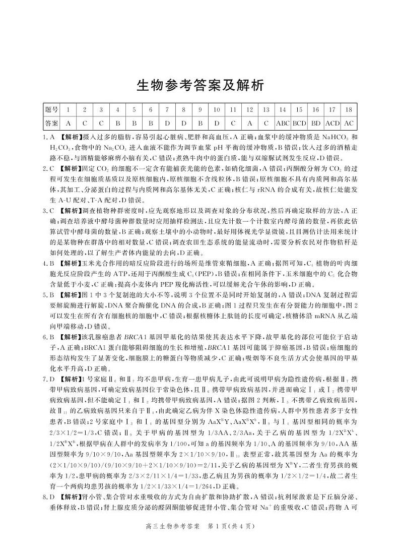 河北省2024届高三大数据应用调研联合测评（Ⅵ）生物试题01