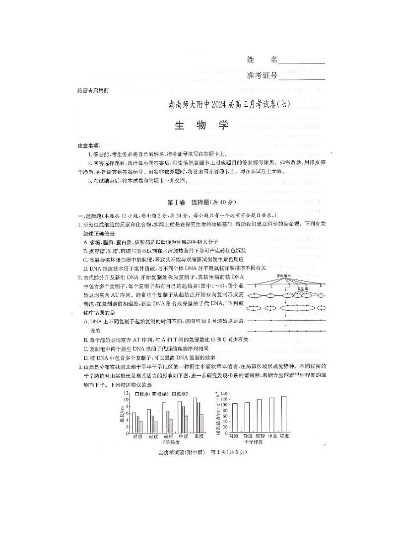 2024湖南师大附中高三下学期月考（七）生物PDF版含解析01