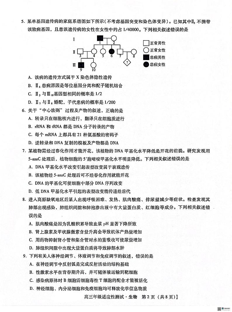 河北省2024届高三下学期４月适应性测试（二模）生物试卷02