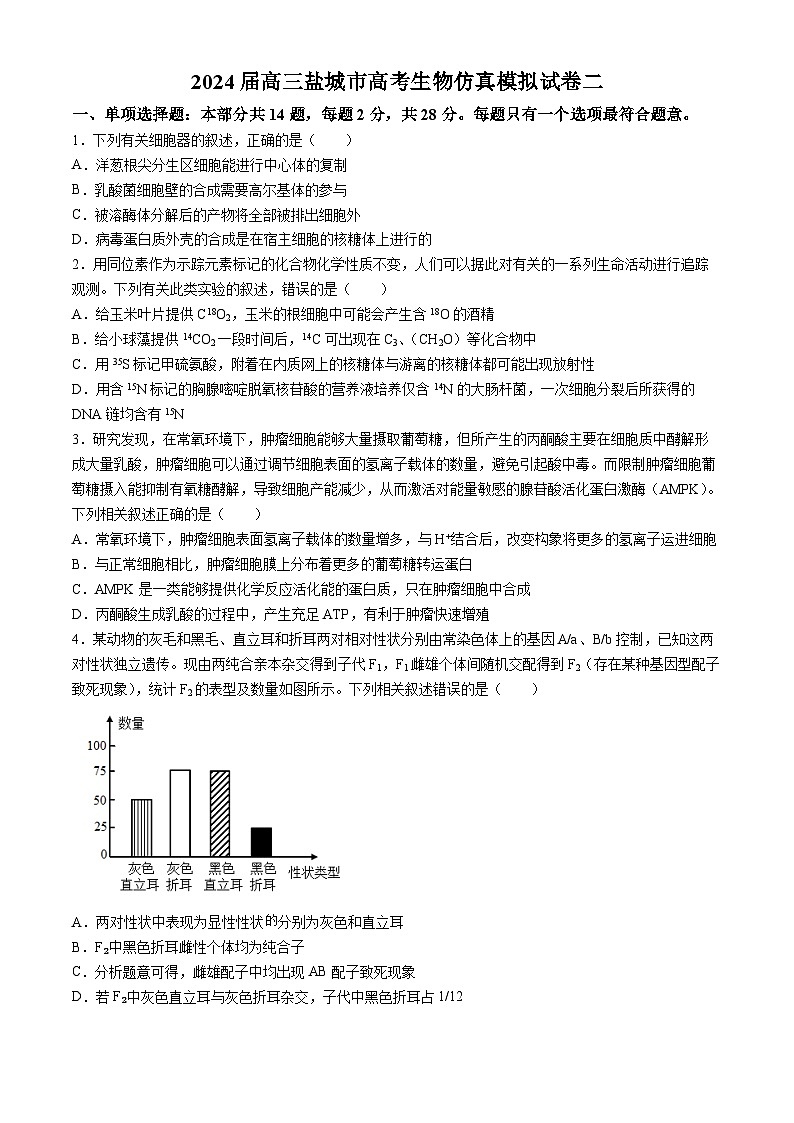 江苏省盐城市2023-2024学年高三下学期高考生物仿真模拟试卷二01