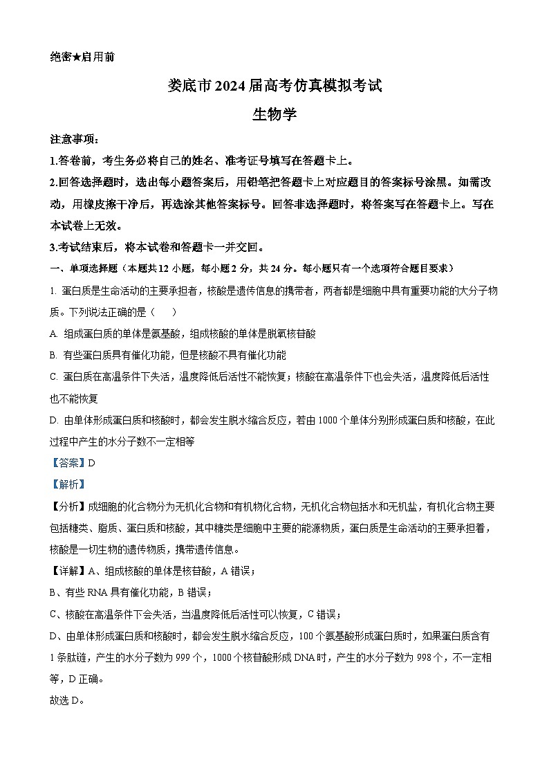 湖南省娄底市2024届高三下学期三模生物试题（Word版附解析）01