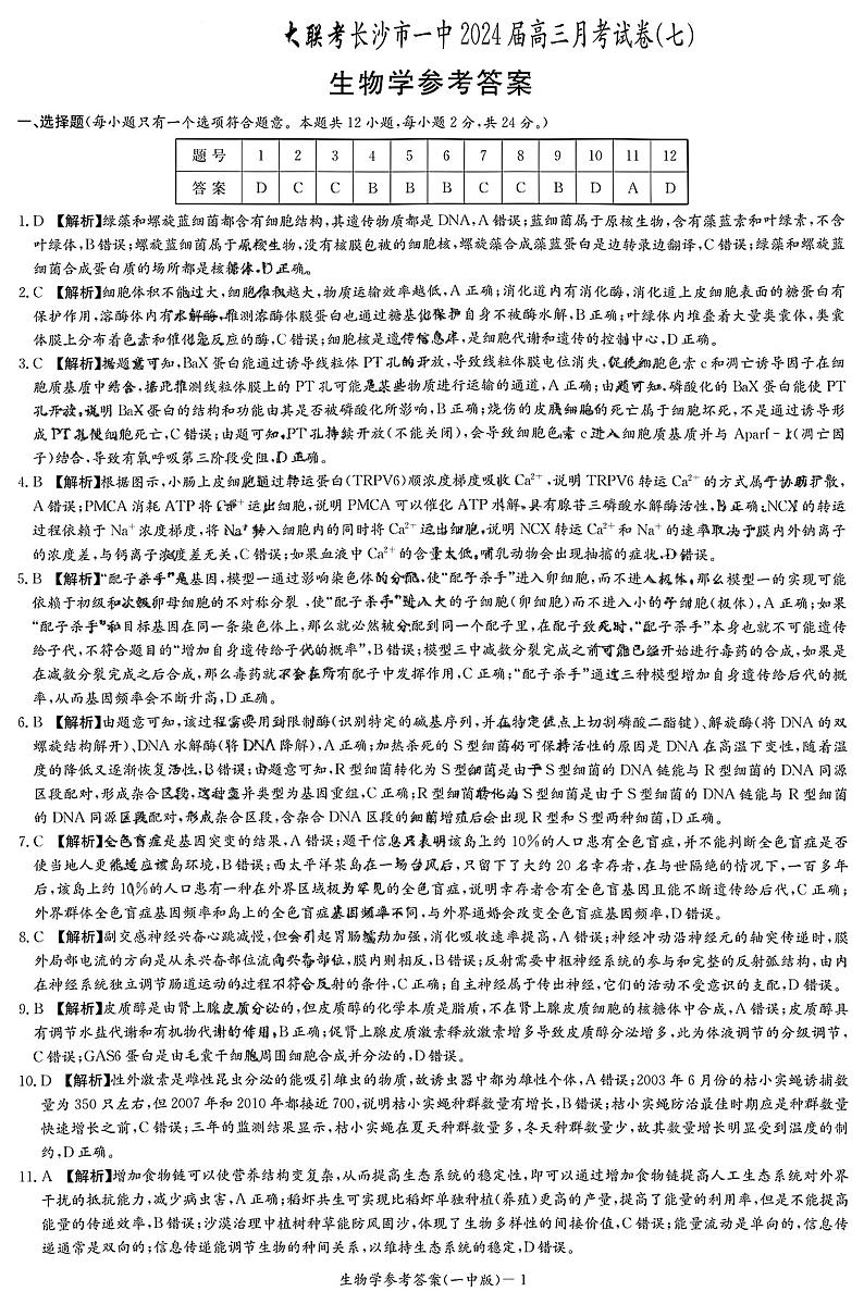 湖南省长沙市第一中学2024届高三下学期月考（七）生物01