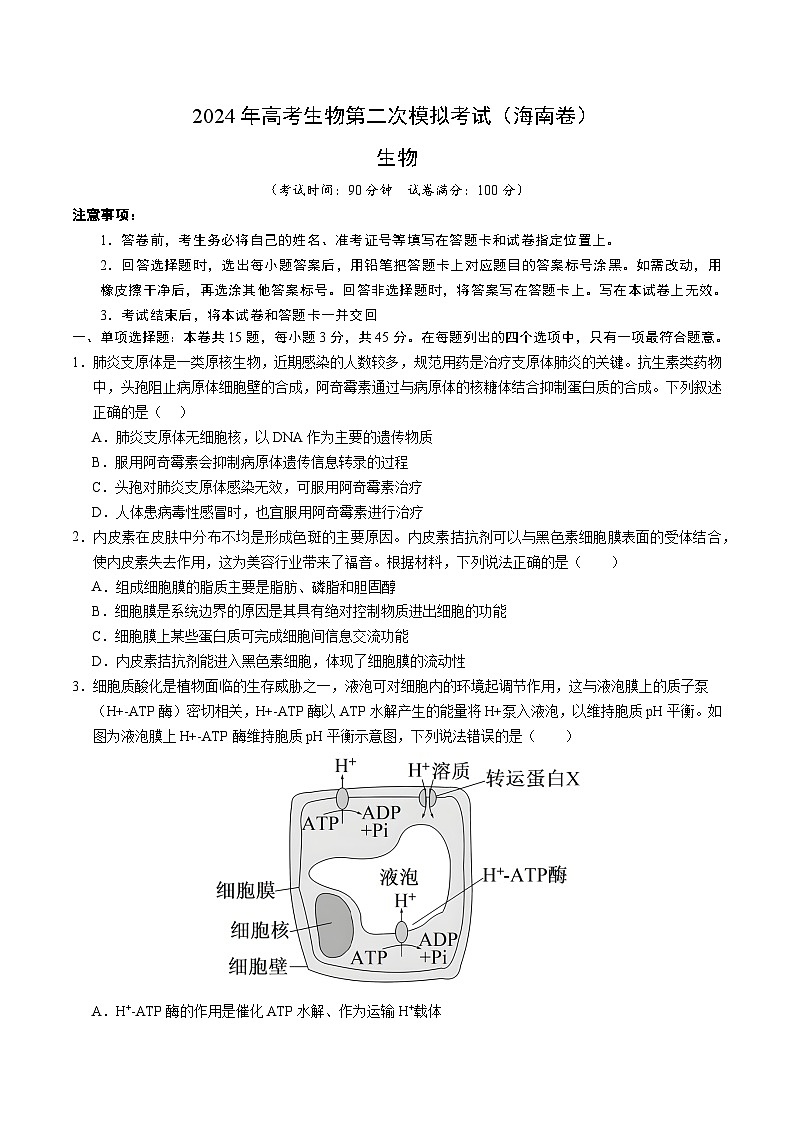 2024年高考第二次模拟考试：生物（海南卷）（考试版）01