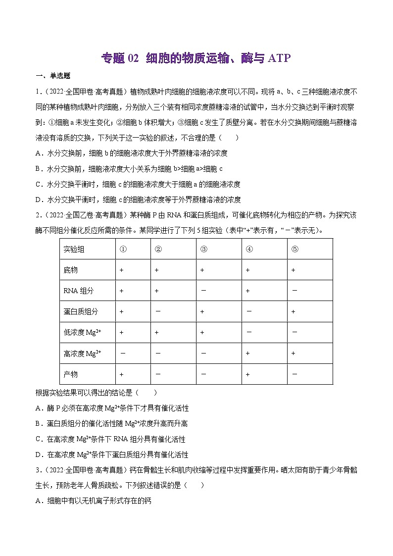 专题02 细胞的物质运输、酶与ATP-十年（2013-2022）高考生物真题分项汇编（全国通用）01