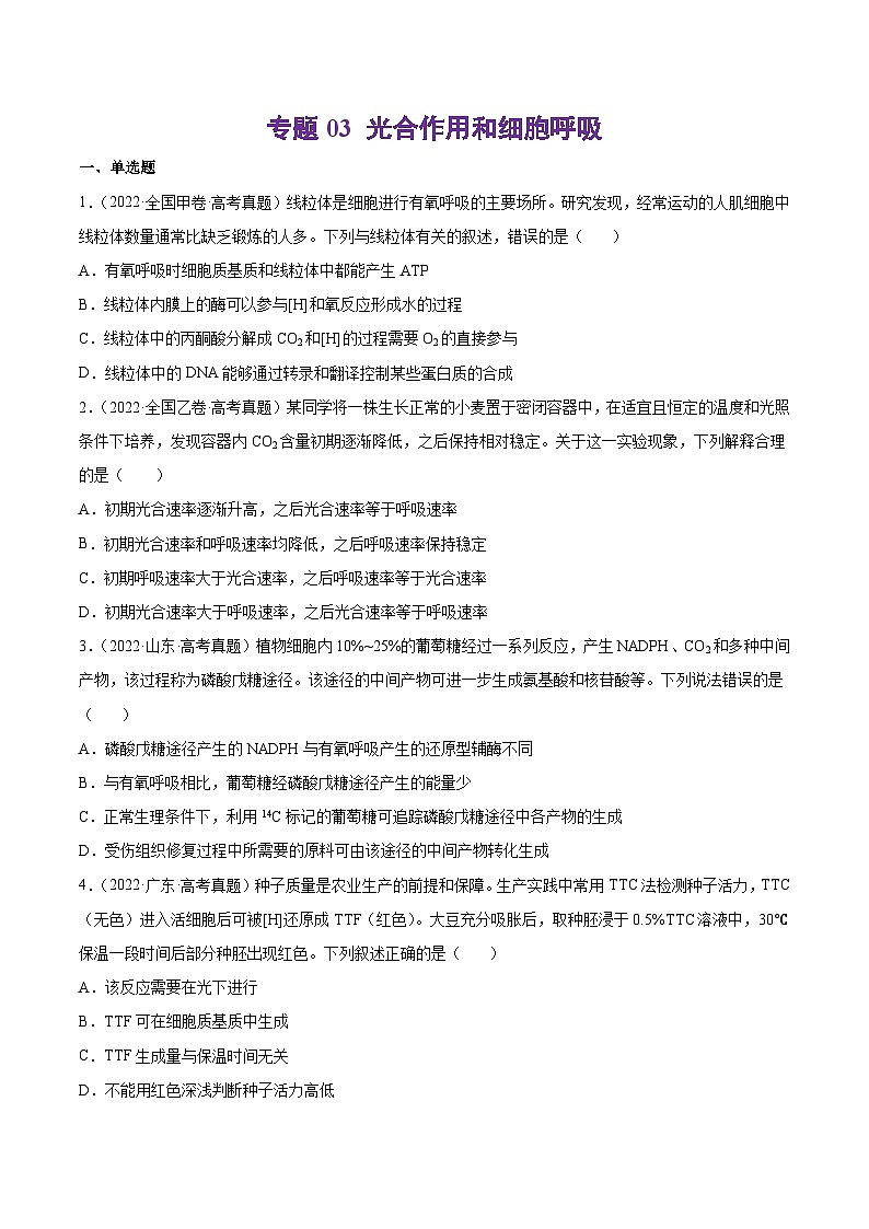 专题03 光合作用和细胞呼吸-十年（2013-2022）高考生物真题分项汇编（全国通用）01