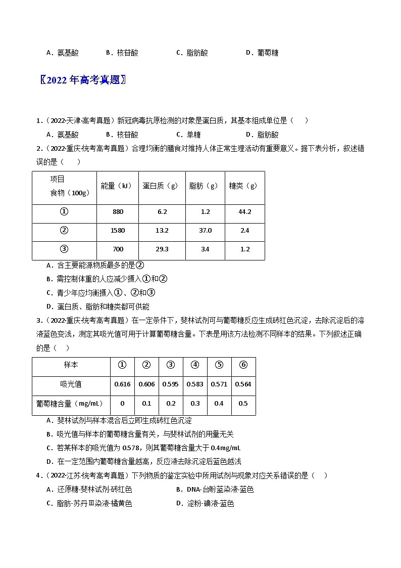 专题01 细胞的分子组成- 十年（2014-2023）高考生物真题分项汇编（全国通用）03