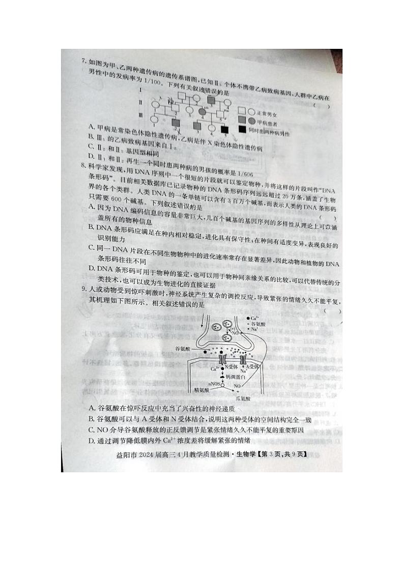 湖南省益阳市2024届高三下学期4月三模考试生物试卷（PDF版附解析）03