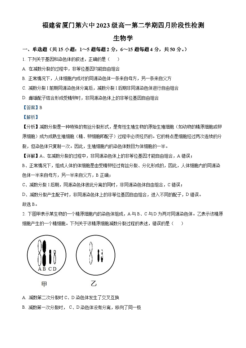 福建省厦门市思明区第六中学2023-2024学年高一下学期4月月考生物试题（解析版）第1页