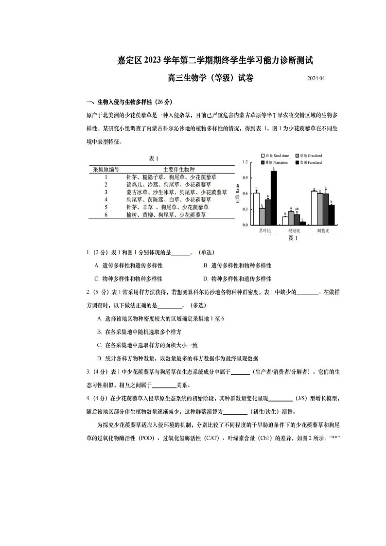 上海市嘉定区2024年高三生物二模试卷第1页