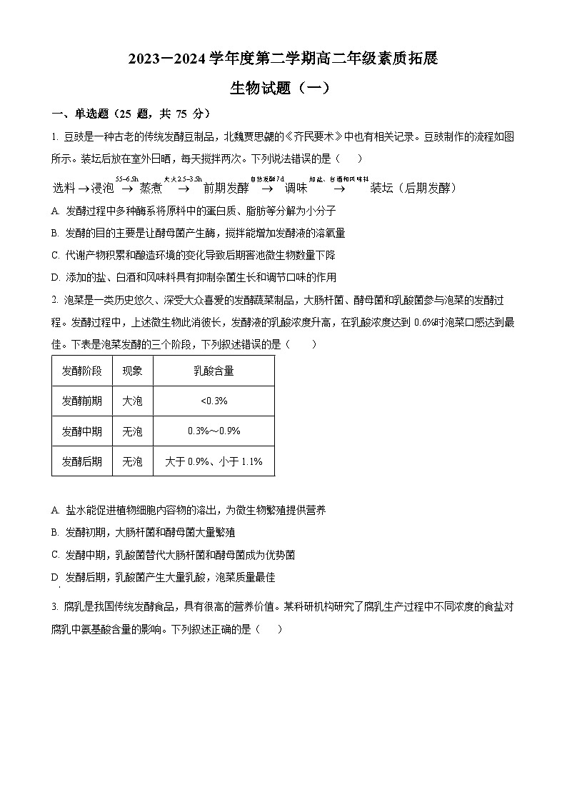 安徽省合肥市第一中学2023-2024学年高二下学期素质拓展生物试卷（一）（Word版附解析）01