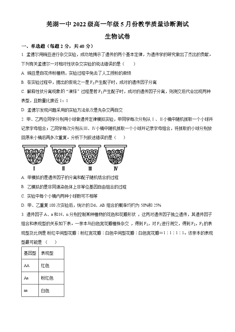 安徽省芜湖市第一中学2022-2023学年高一下学期5月月考生物试卷（Word版附解析）01