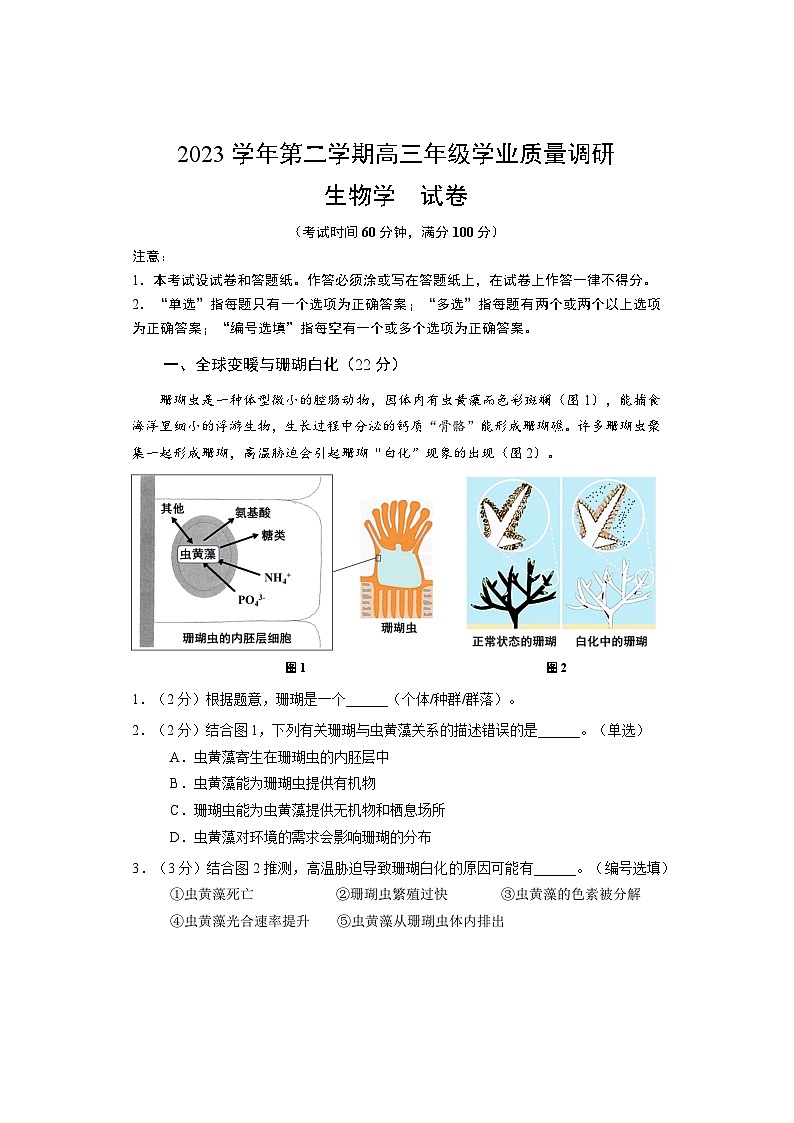 2024年上海高考闵行区高三下学期高考&等级考二模生物试题含答案01