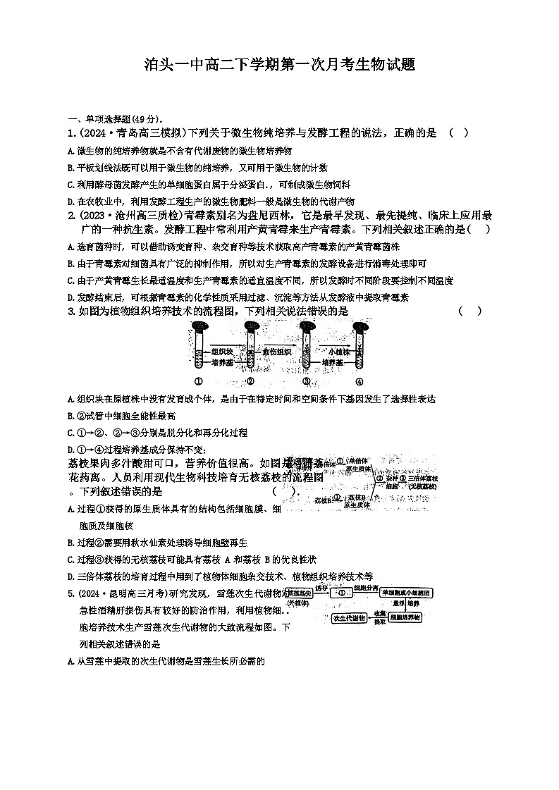 河北省沧州市泊头市第一中学2023-2024学年高二下学期4月月考生物试题01