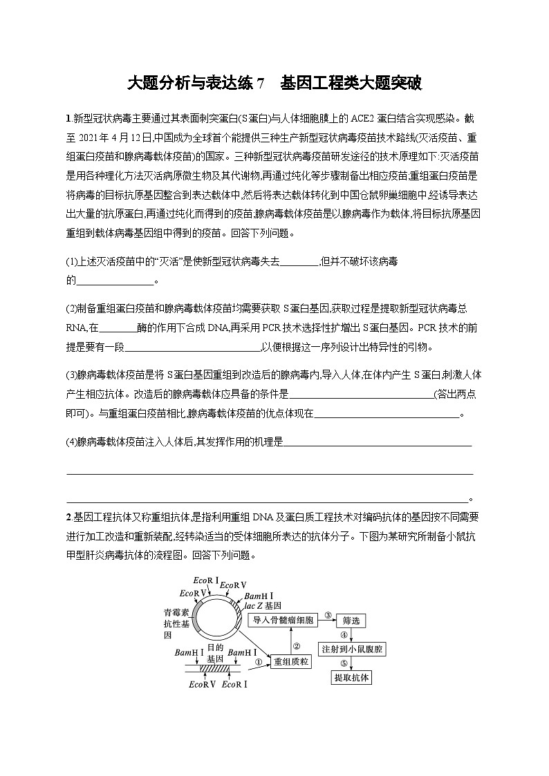 新教材高考生物二轮复习大题分析与表达练7基因工程类大题突破含答案01