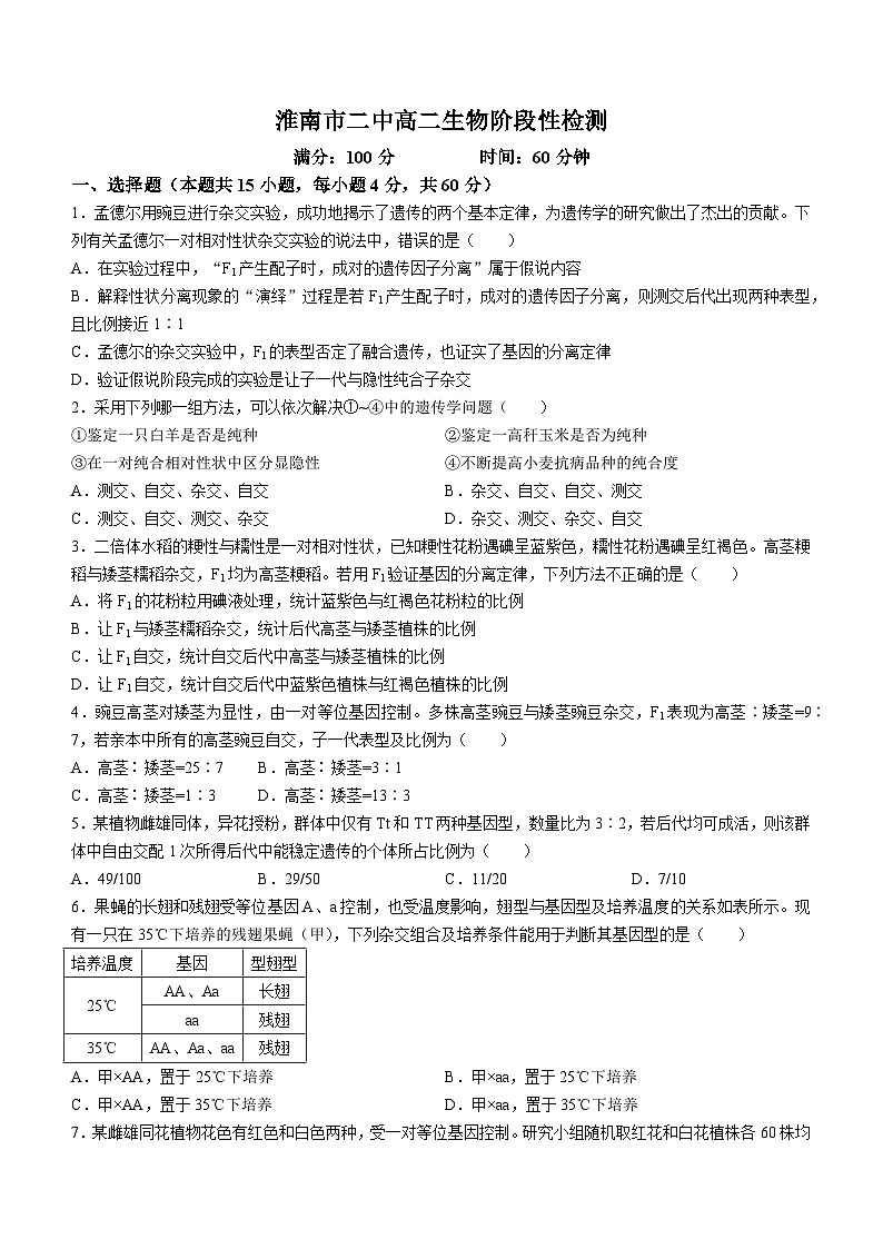 安徽省淮南市二中2023-2024学年高一下学期第一次月考生物试题(无答案)01