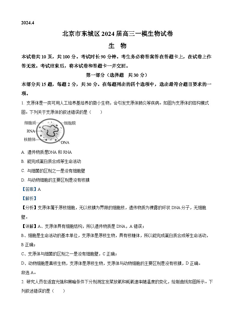 2024届北京市东城区高三一模生物试卷（解析版）第1页