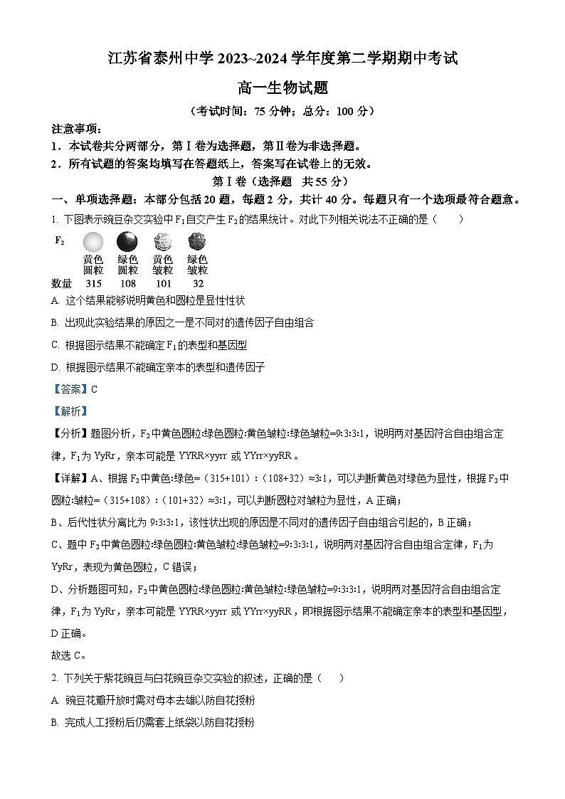 江苏省泰州市海陵区江苏省泰州中学2023-2024学年高一下学期4月期中生物试题（解析版）第1页