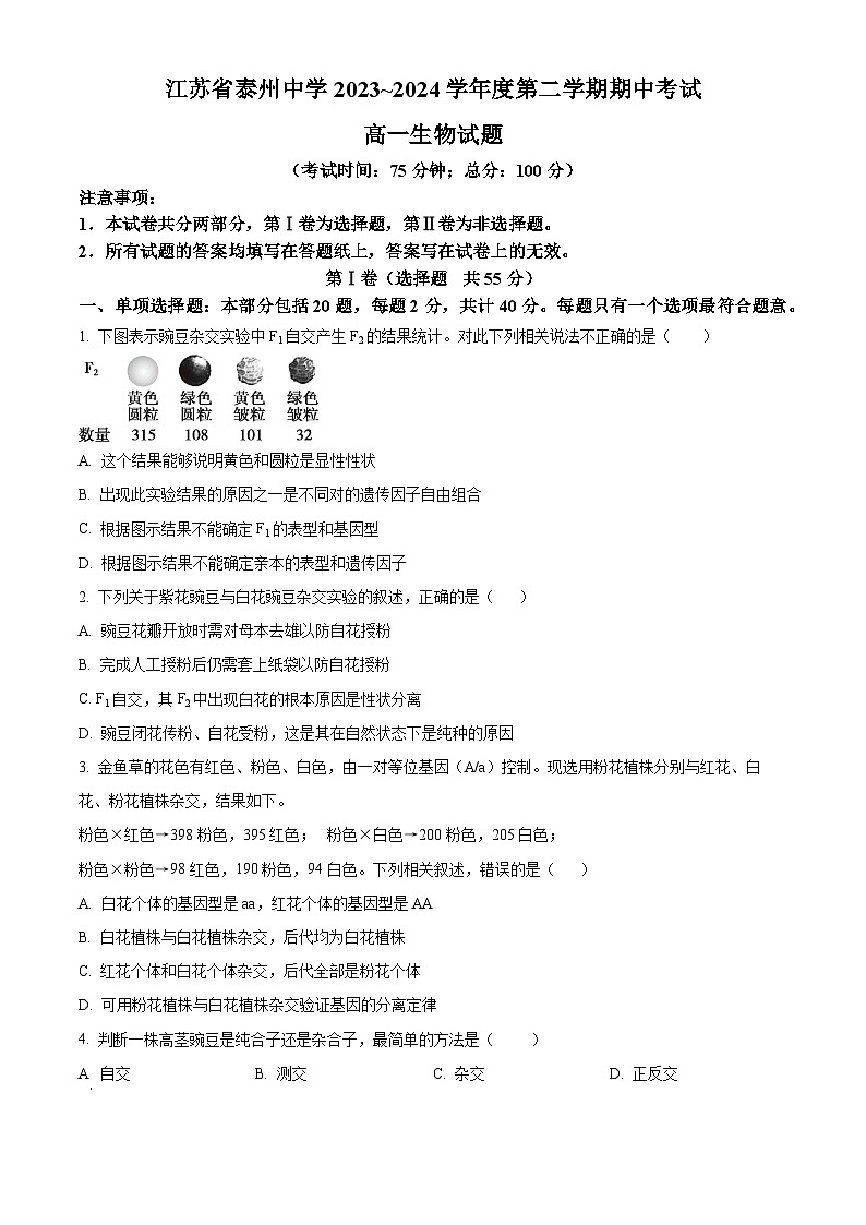 江苏省泰州市海陵区江苏省泰州中学2023-2024学年高一下学期4月期中生物试题（原卷版）第1页