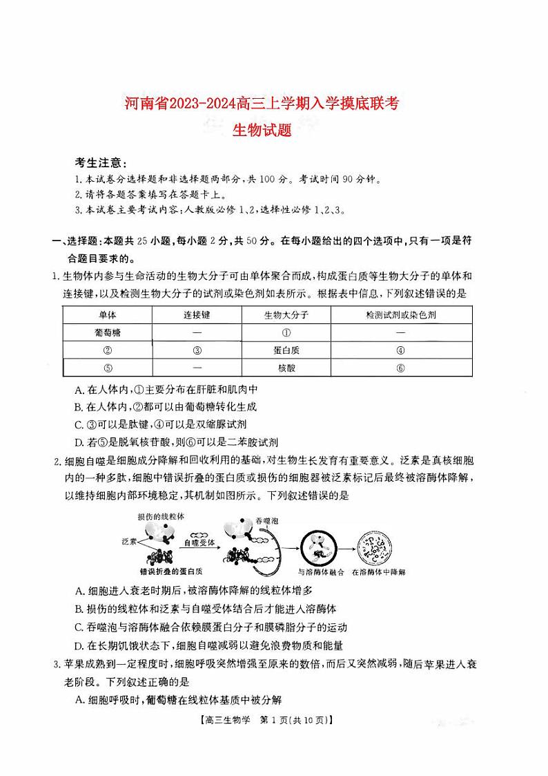 河南省名校联考2023_2024高三生物上学期入学摸底考试试题pdf01
