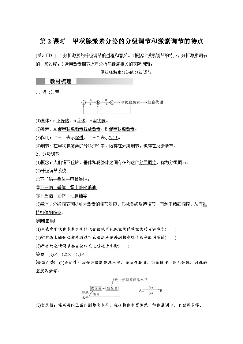 2024年高中生物新教材同步学案 选择性必修第一册 第3章 第2节 第2课时　甲状腺激素分泌的分级调节和激素调节的特点（含解析）第1页