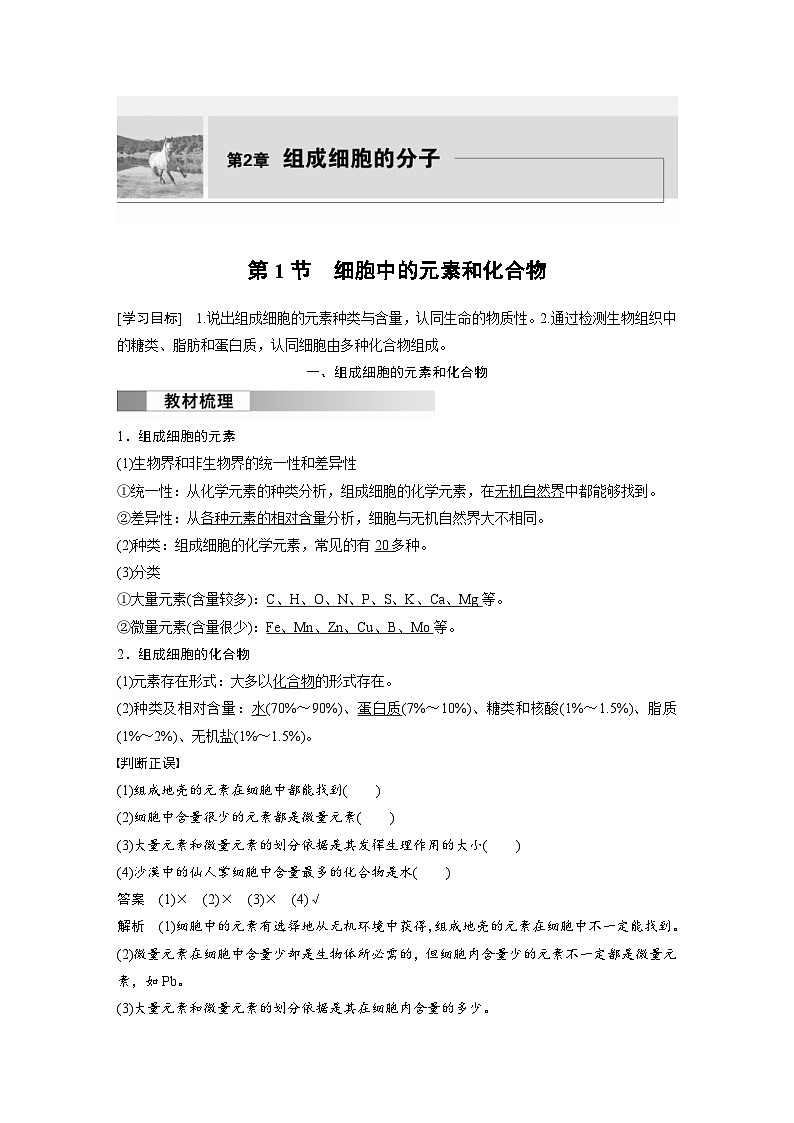 2024年高中生物新教材同步学案 必修第一册 第2章 第1节　细胞中的元素和化合物（含解析）01