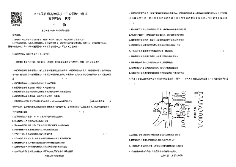 河南省商丘市青桐鸣大联考2023-2024学年高一下学期3月月考生物第1页