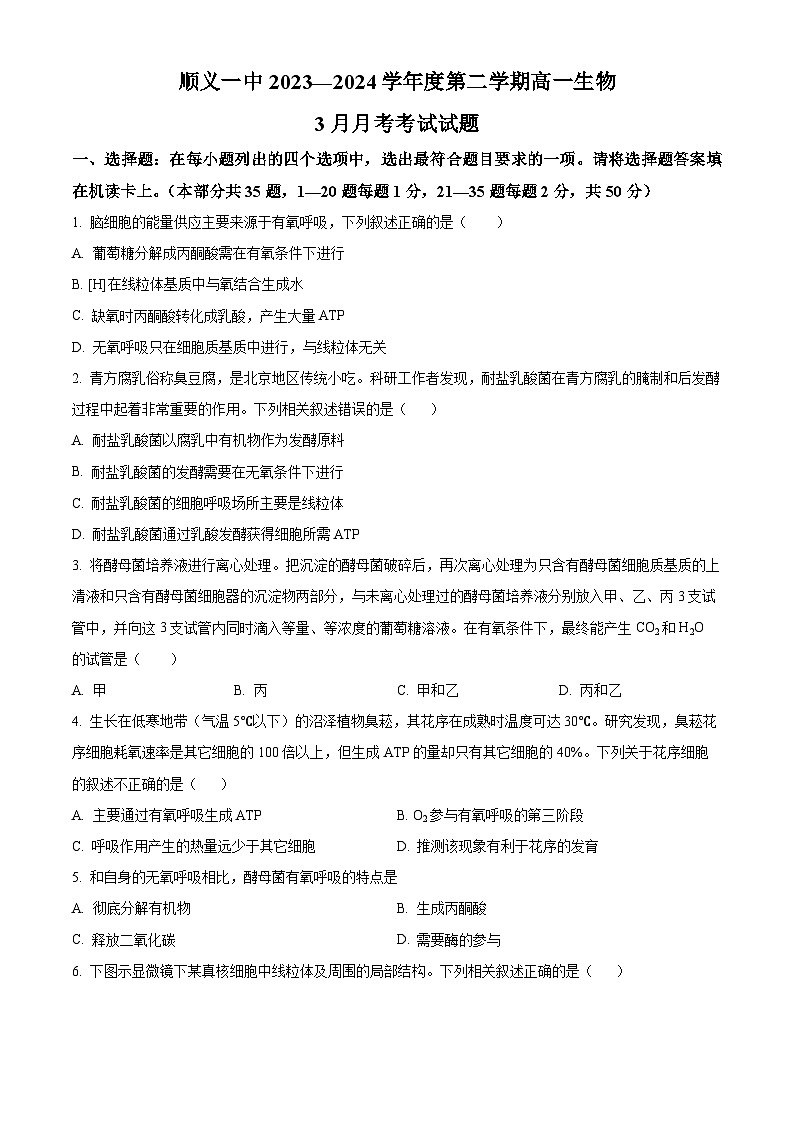 2024北京顺义区一中高一下学期3月月考试题生物含解析01