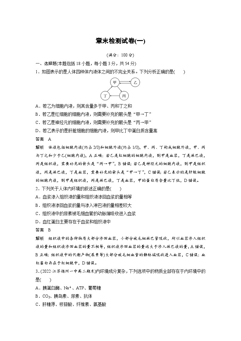 2024年高中生物新教材同步学案 选择性必修第一册 第1章 章末检测试卷(一)（含解析）01