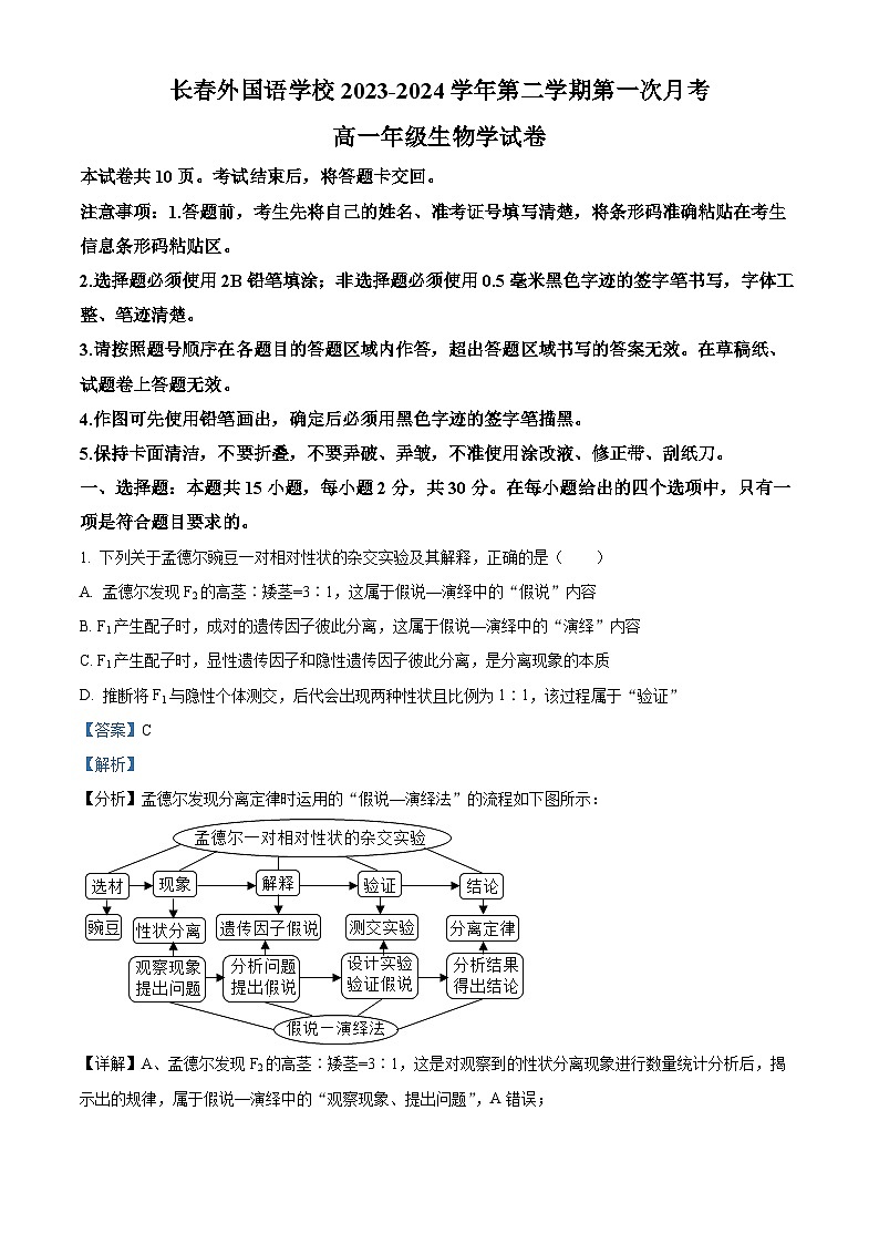 吉林省长春市朝阳区长春外国语学校2023-2024学年高一下学期4月月考生物试题（原卷版+解析版）01