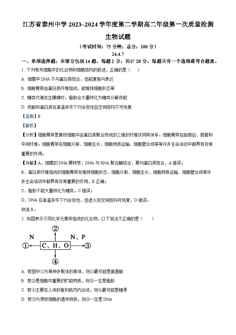 江苏省泰州市海陵区泰州中学2023-2024学年高二下学期4月月考生物试题（原卷版+解析版）01