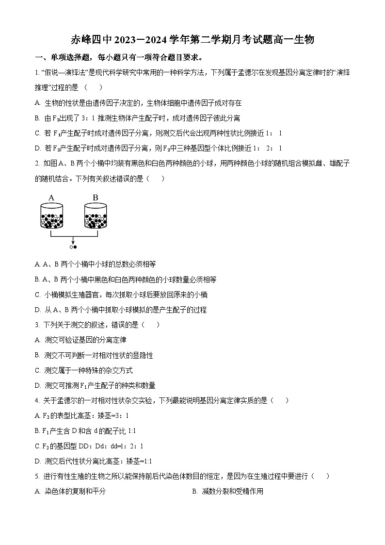 内蒙古自治区赤峰市红山区赤峰第四中学2023-2024学年高一下学期4月月考生物试题（原卷版+解析版）01