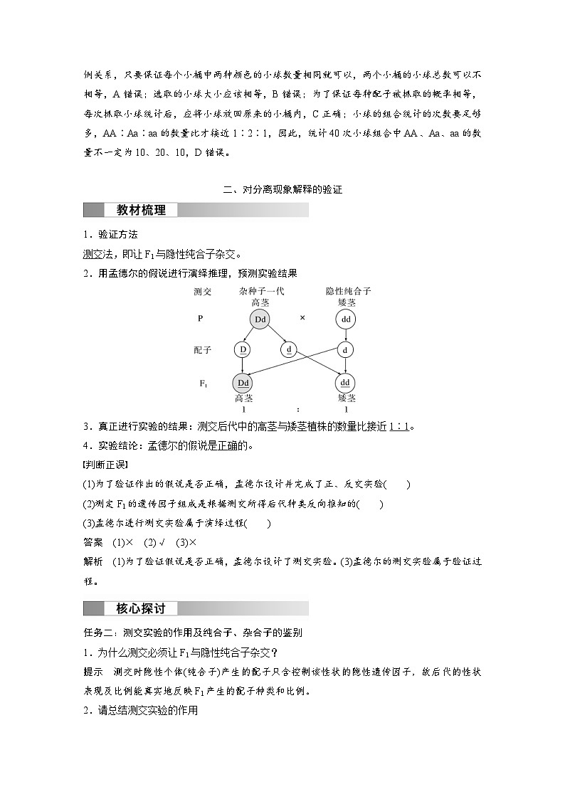 2024年高中生物新教材同步学案 必修第二册 第1章　第1节　第2课时　对分离现象解释的模拟实验及验证（含解析）第3页