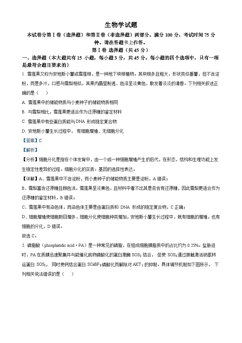 安徽省部分学校2024届高三下学期4月联考（二模）生物试卷（原卷版+解析版）01