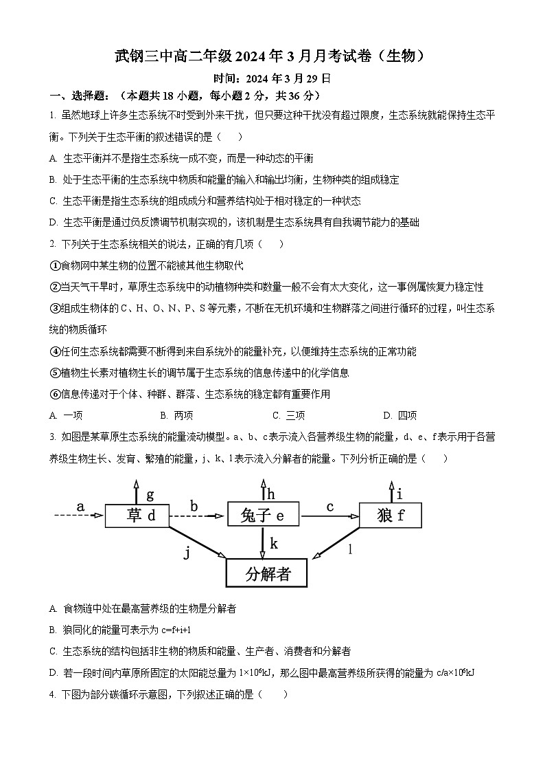湖北省武汉市武钢三中2023-2024学年高二下学期3月月考生物试题（Word版附解析）01