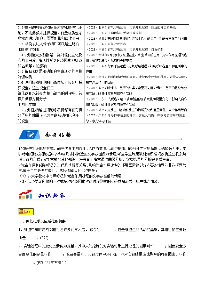 专题03 细胞的能量供应和利用（原卷版）第2页