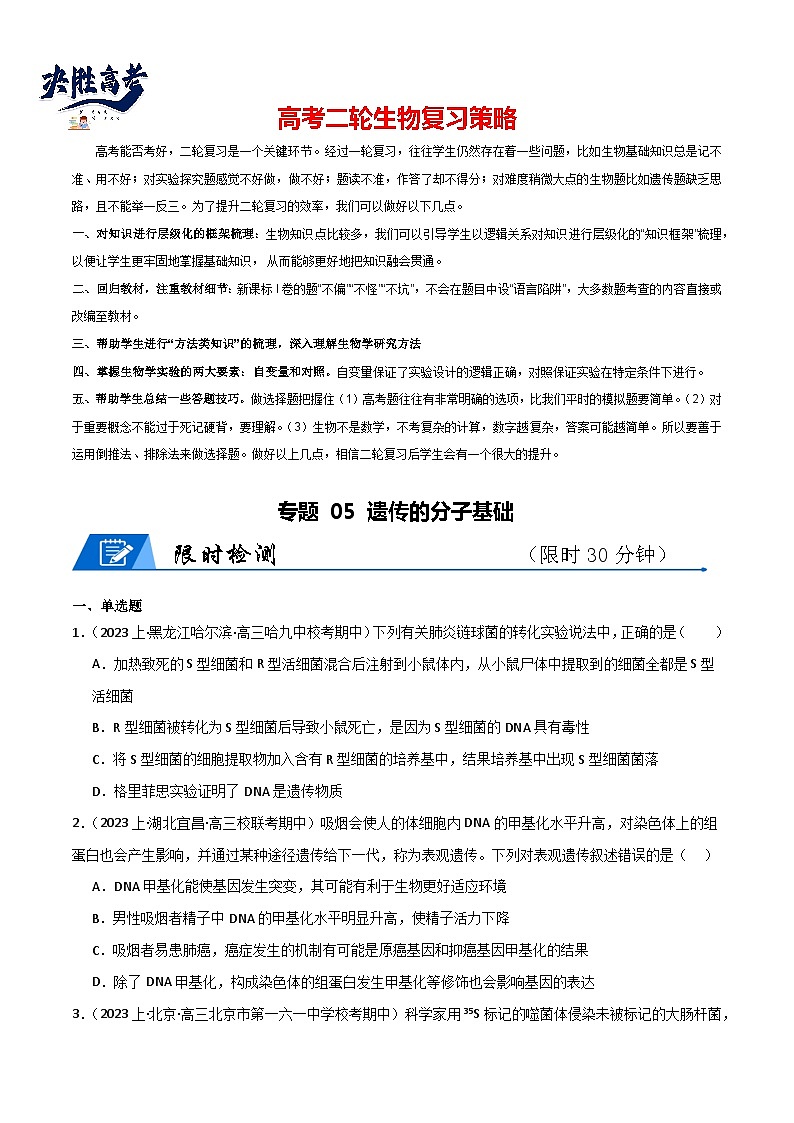 专题05 遗传的分子基础（限时检测卷）第1页