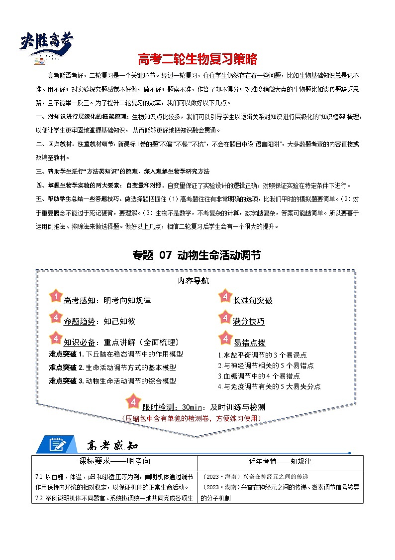专题07 动物生命活动调节--2024年高考生物【热点·重点·难点】专练（新高考专用）01