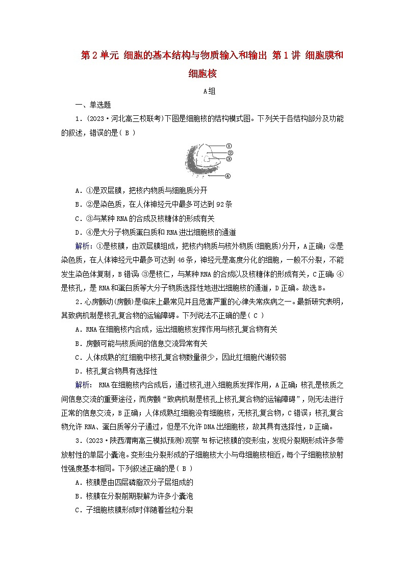 2025版高考生物一轮总复习必修1第2单元细胞的基本结构与物质输入和输出第1讲细胞膜和细胞核提能训练第1页