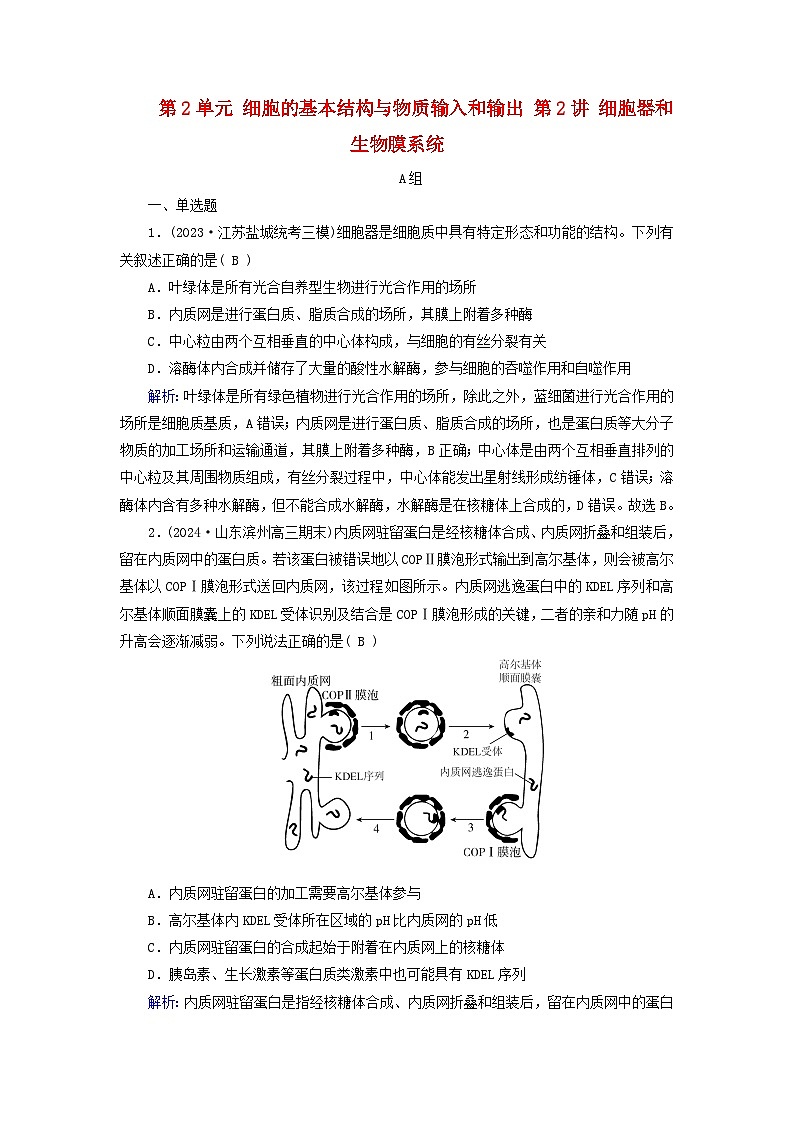 2025版高考生物一轮总复习必修1第2单元细胞的基本结构与物质输入和输出第2讲细胞器和生物膜系统提能训练第1页