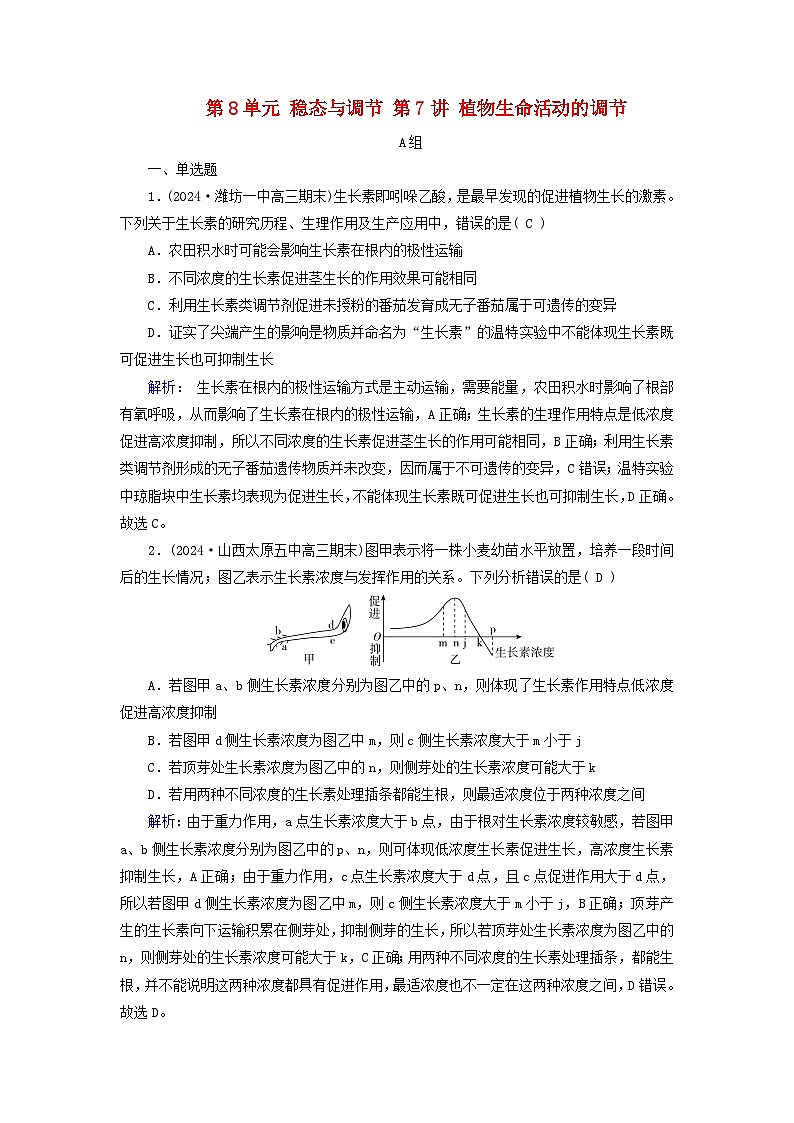 2025版高考生物一轮总复习选择性必修1第8单元稳态与调节第7讲植物生命活动的调节提能训练第1页