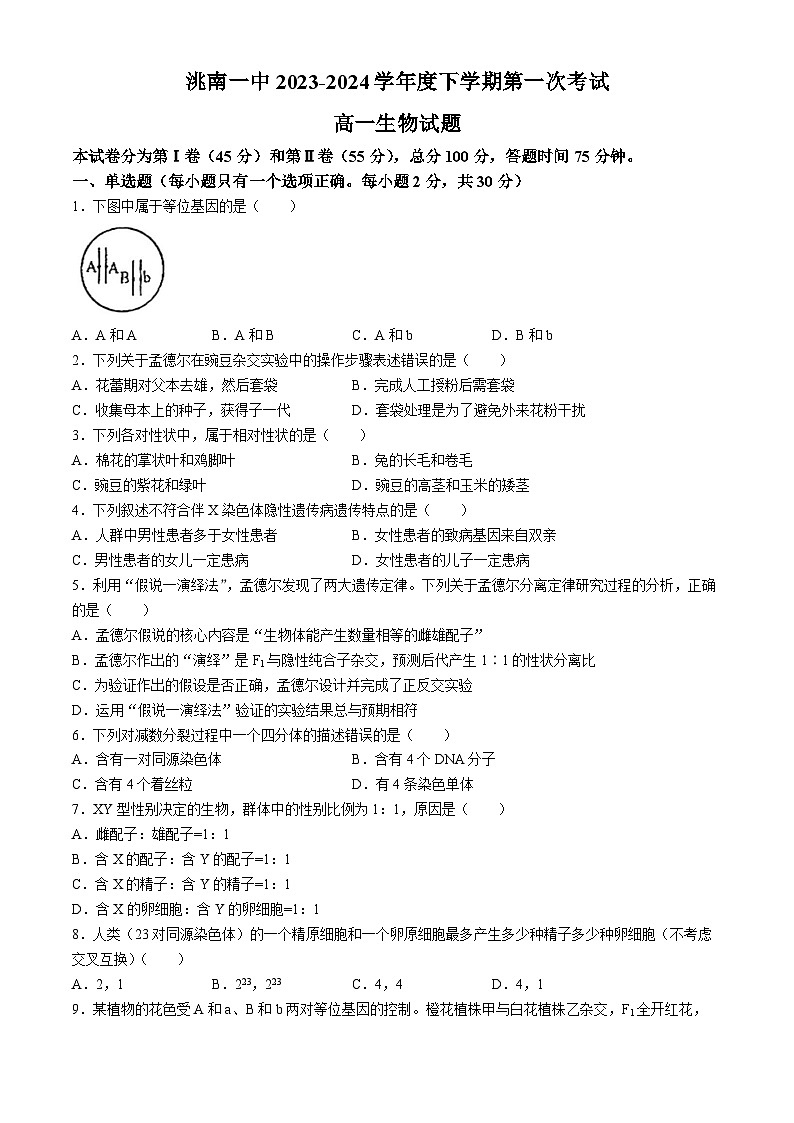 吉林省洮南市第一中学2023-2024学年高一下学期第一次月考生物试题(无答案)01