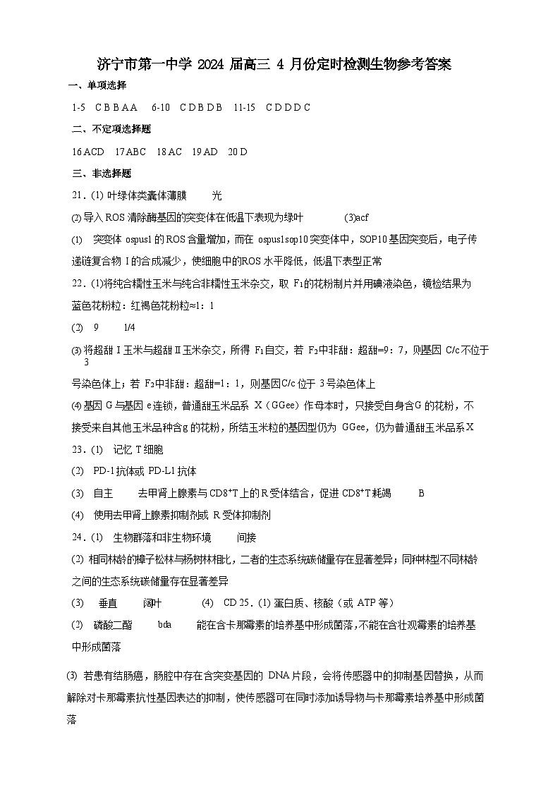 山东省济宁市任城区济宁市第一中学2023-2024学年高三下学期4月月考生物试题01