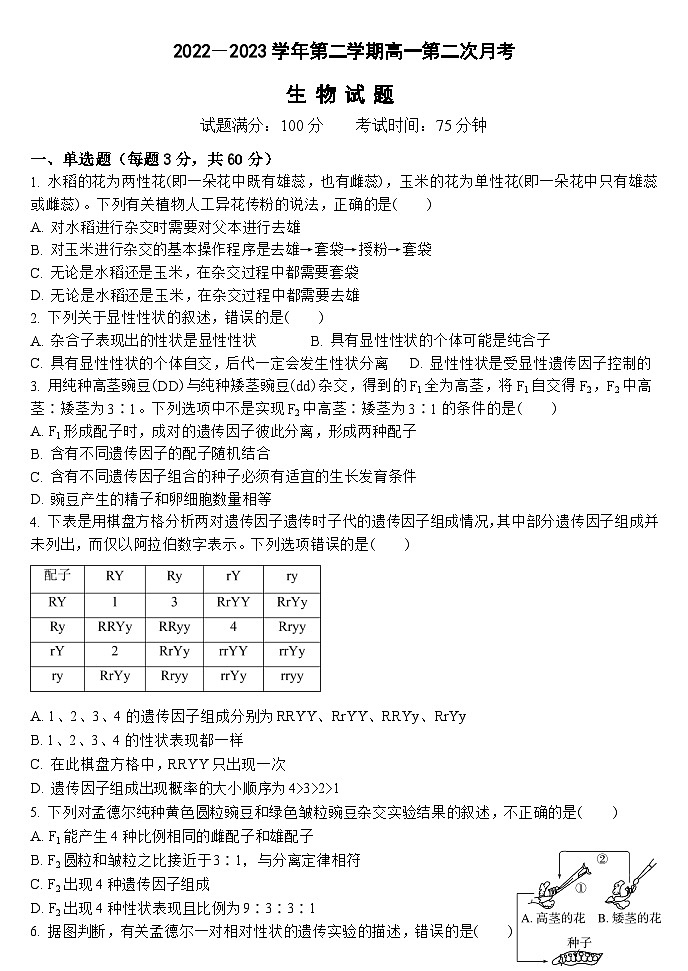 山西省大同市浑源县第七中学校2023-2024学年高一下学期第二次月考生物试题+01