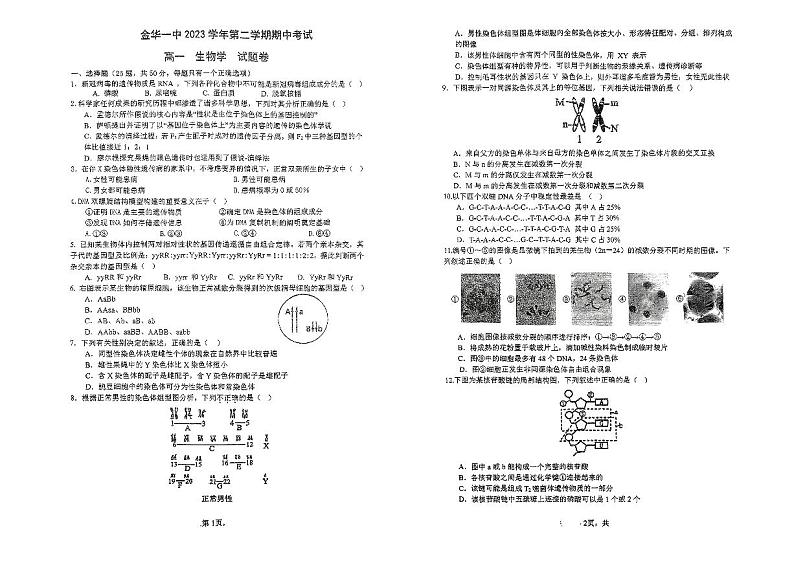 浙江省金华市金东区第一中学2023-2024学年高一下学期4月期中考试生物试题01