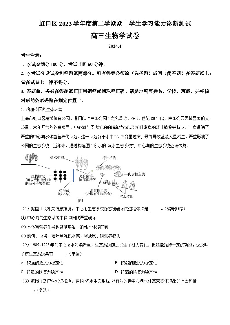 2024届上海市虹口区高三二模生物试题（原卷版+解析版）01