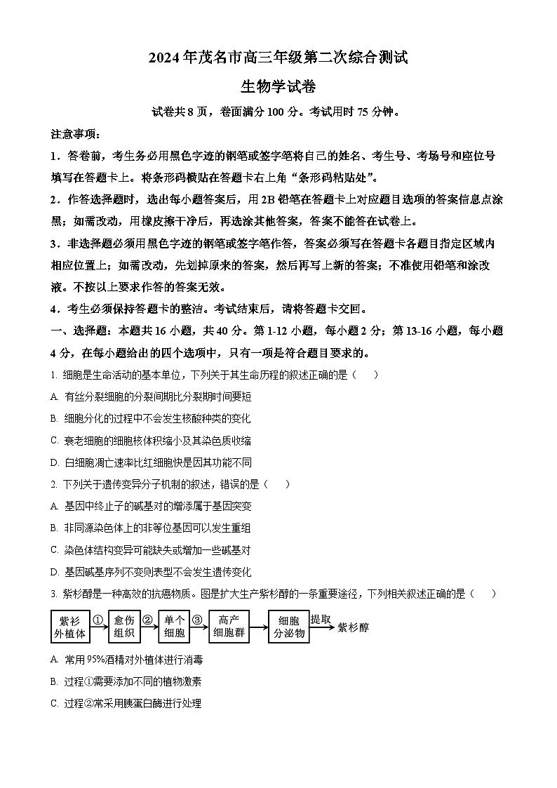 广东省茂名市2024届高三下学期4月二模考试生物试卷（Word版附解析）01