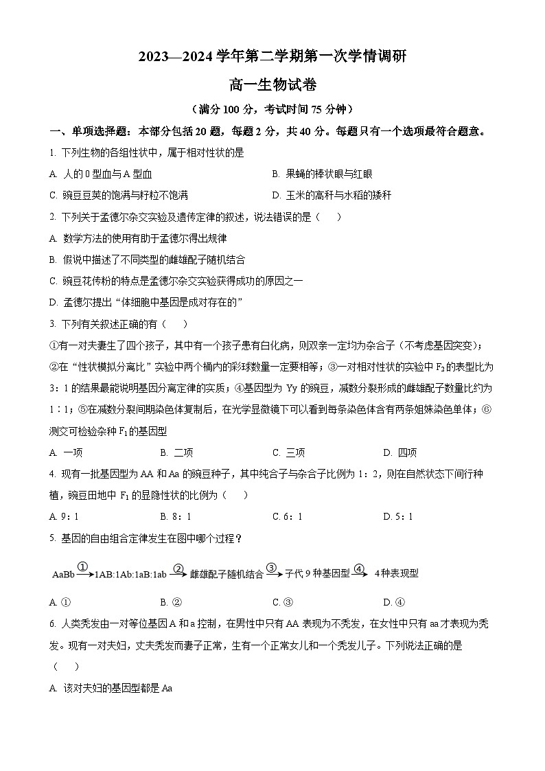 江苏省宿迁市泗阳县桃源路中学2023-2024学年高一下学期4月月考生物试题（原卷版）第1页