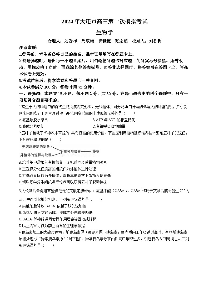 辽宁省大连市2024届高三下学期第一次模拟考试生物试卷（Word版附答案）01