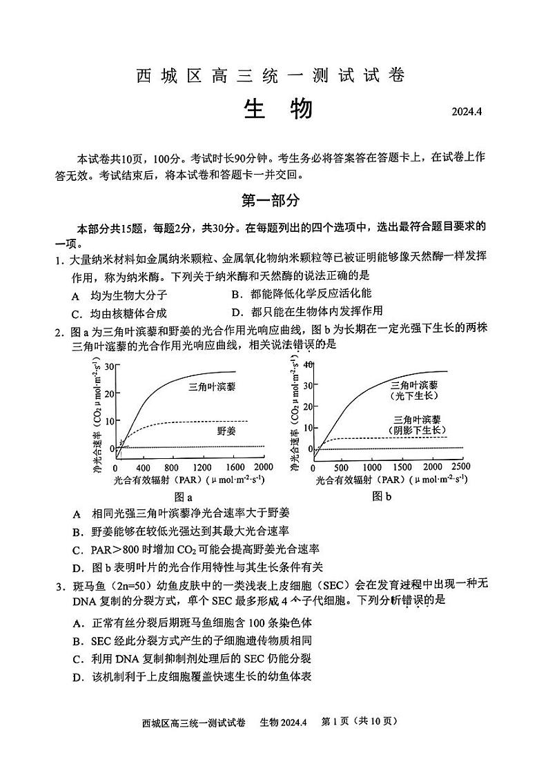 2024北京西城高三一模生物试题及答案第1页